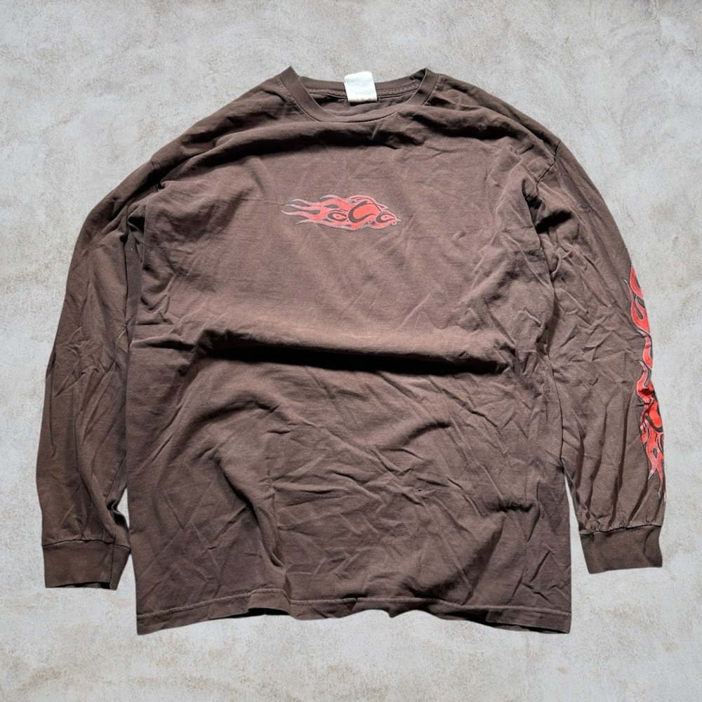Orange County Choppers Shirt Mens 2XL Brown Flame Sleeve Knife‎ Long Sleeve Y2K